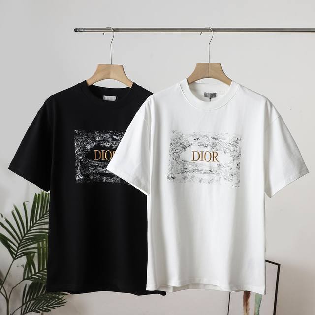 迪奥Dior 2025Ss夏新款重工纯棉宽松版型刺绣加印花短袖半袖T恤 前胸巨大金线迪奥字母标识，与印花完美融合。黑白撞色。采用进口数码精密印花工艺水准，不掉色