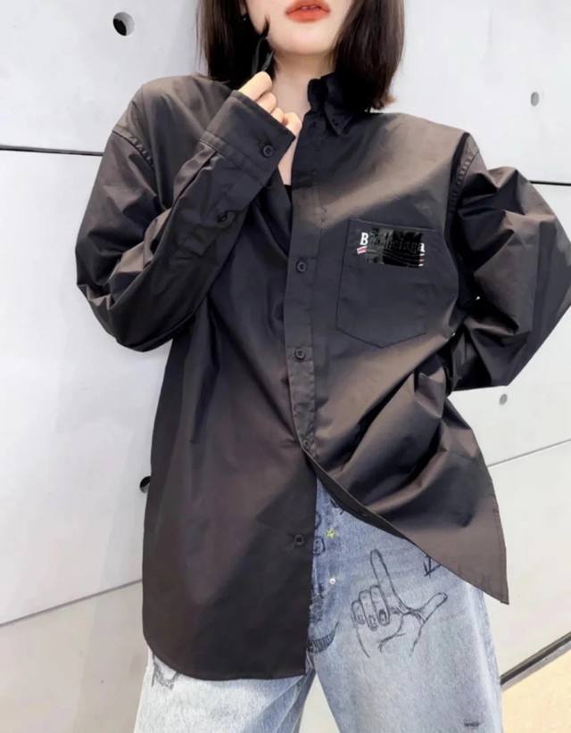 巴黎世家2025春夏最新宽松休闲纯色百搭Blcg 弹幕满印休闲舒适吸汗透气纯棉长袖衬衫 男女同款 - 夏日穿搭想与众不同？巴黎世家Blcg 25Ss长袖衬衫满足