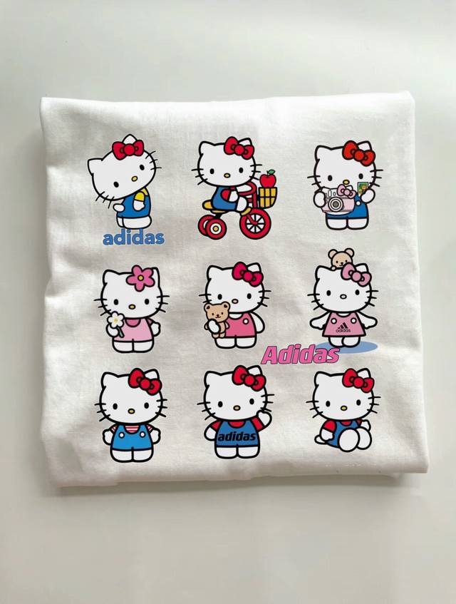 Adidas阿迪达斯 Hellokitty高克重纯棉直筒漫画T恤短袖情侣款 Color: 白色 Size: M-Xl M 肩宽50 胸围112 衣长 Cm L