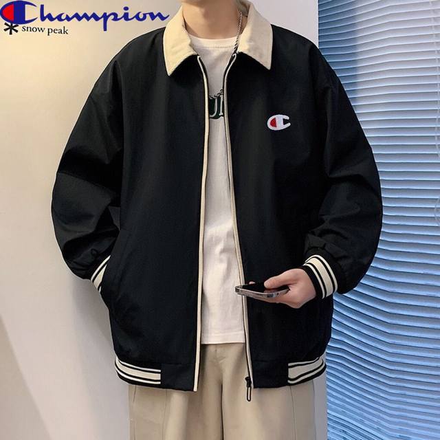 冠军Champion春季新款，翻领撞色拼接男女同款港风宽松夹克衫，女外套上衣。版型宽松，四色可选满足不同需要。