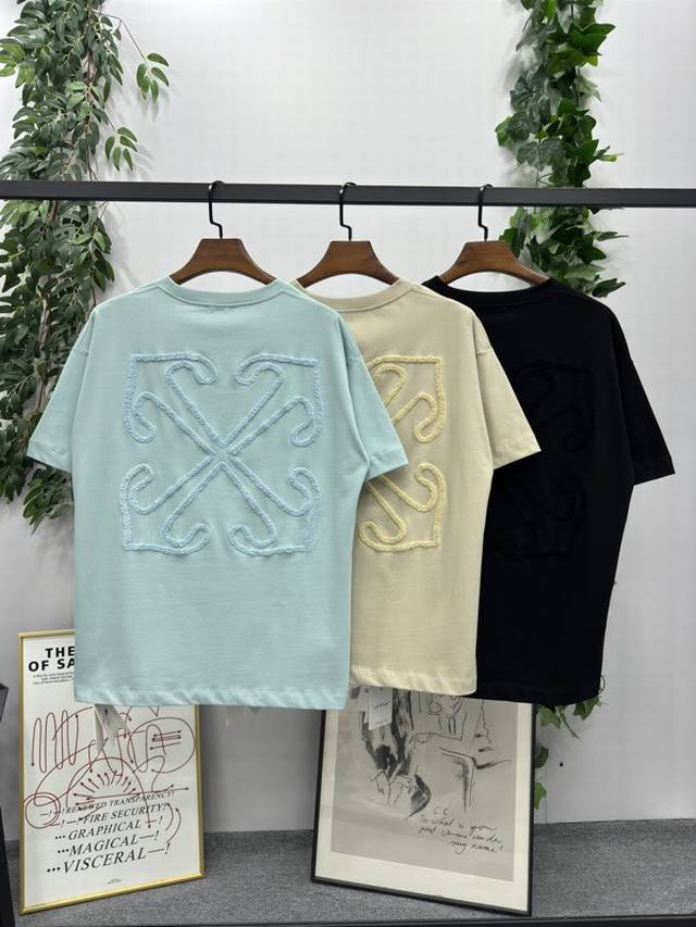 现货： # Ss春夏新款 品牌：Off-White 毛巾刺绣新箭头款短袖T恤！ 颜色：黑色 卡其 蓝色 尺码：Xs-S-M-L 男女同款 面料：采用定制260克