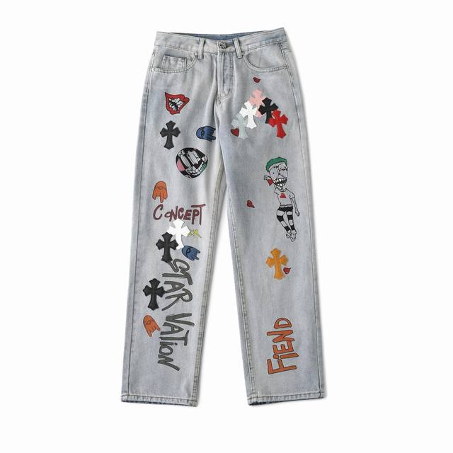 Chrome Hearts ｜25Tx Ch 克罗心联名小丑限定涂鸦鳄鱼皮牛仔裤 市面十分稀少 整条裤子十字架17个分别采用三种不用的材料而成 鳄鱼皮 小羊皮