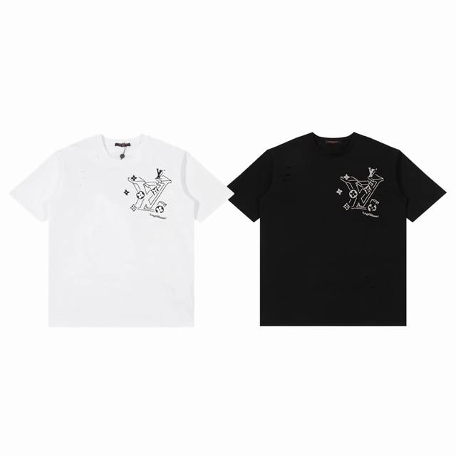 Louis Vuitton Lv 路易威登 25Ss 秀场限定重工贴布刺绣割破做旧情侣圆领短袖 T恤-顶级版本 Color：白色 黑色 Size：S M L N