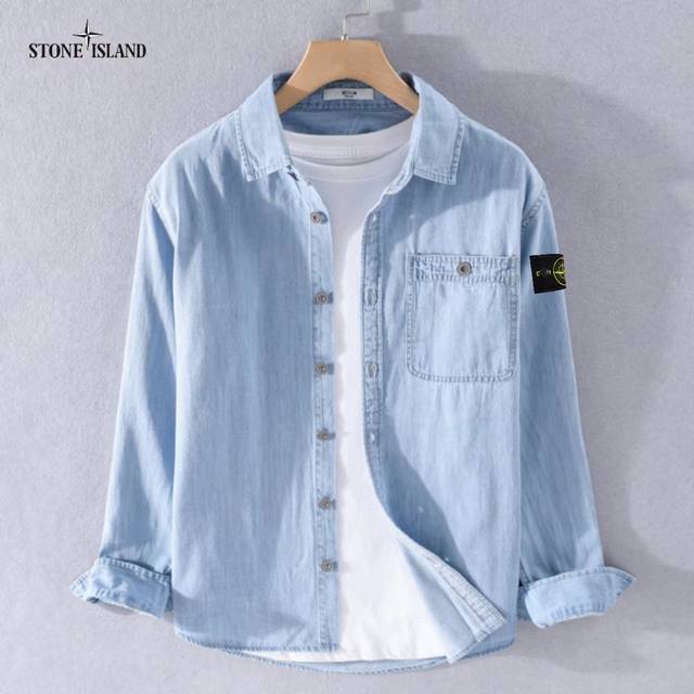 上新 ！！ ！！！ Stone Island石头岛 高品质全棉欧美西部牛仔风渐变水洗长袖牛仔衬衣外套 高街达人潮款∽ 采用国标新疆棉纱梭织面料 轻酵水洗保色工艺