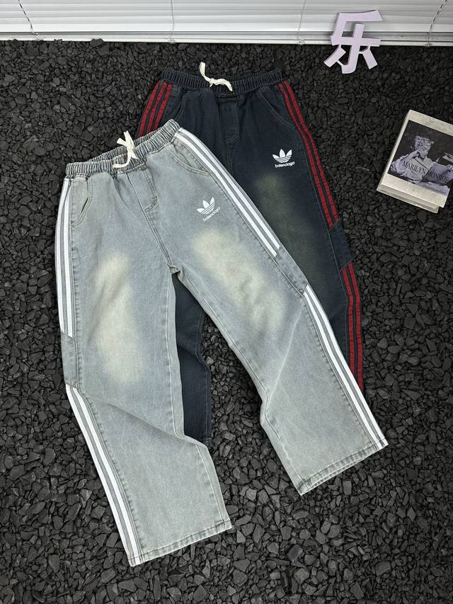 Adidasbalenciaga联名款牛仔裤美式复古拼接竖纹时尚百搭简约休闲直筒水洗做旧男女同款 - 还在寻觅能让你在人群中脱颖而出的时尚神裤？Adidasba