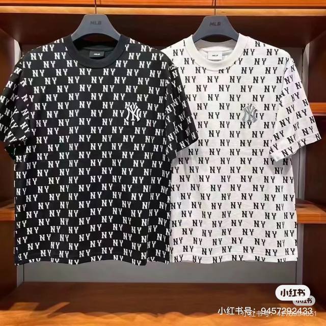 新款上新 最新经典老花潮流满印风 一眼吸晴！气质迷人*情侣款Mlb复古老花满印对标Ny印花圆领短袖T恤！高清晰植物印花印染！刺绣立体对标！经典鲜明！瞬间沦陷高支