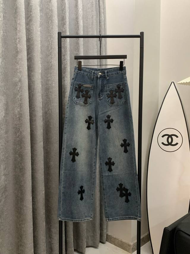 Chrome Hearts 克罗心Ch重工十字架直筒牛仔裤长裤 款号：25671904246 颜色：蓝色 尺码：Sml S码80-95斤 M码95-110斤 L