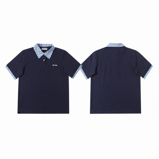 Miu Miu 缪缪 24Ss 专柜新款徽标刺绣 Logo 小格子衬衫女款翻领假两件短袖 Polo 衫-顶级原单版本 Color：藏青色 Size：S M L