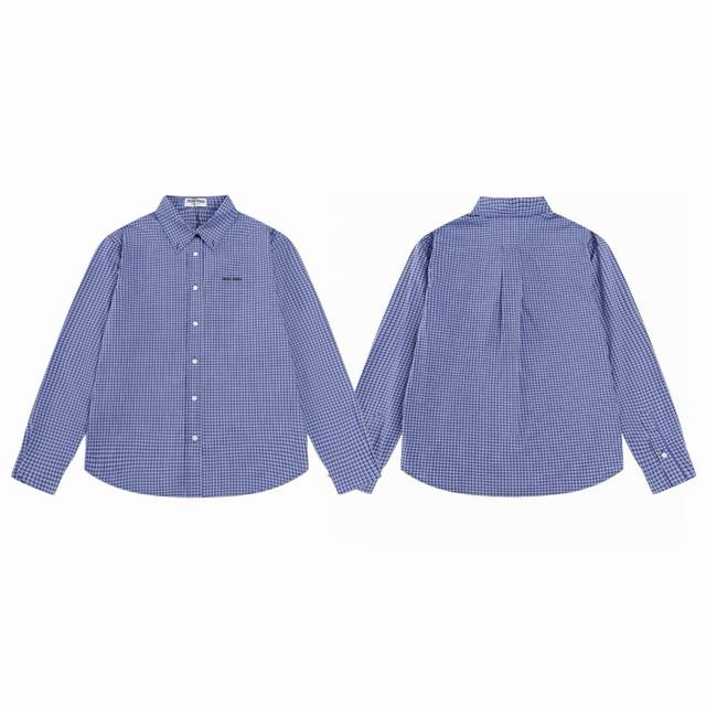 Miu Miu 缪缪 24Ss 专柜同步小格子刺绣徽标单排扣休闲长款翻领长袖衬衫-顶级原单版本 Color：蓝格子 Size：S M L Xl Number：2