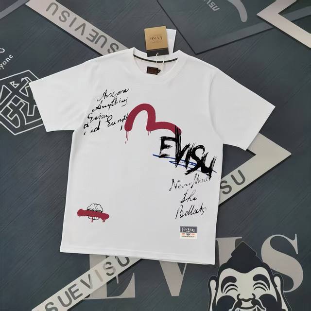 Evisu 福神春夏新款涂鸦字母印花圆领短袖T恤男女休闲宽松半袖 颜色：黑色 白色 码数S-Xxl S码 肩宽46.6 胸围106 衣长68 适合身材100-1