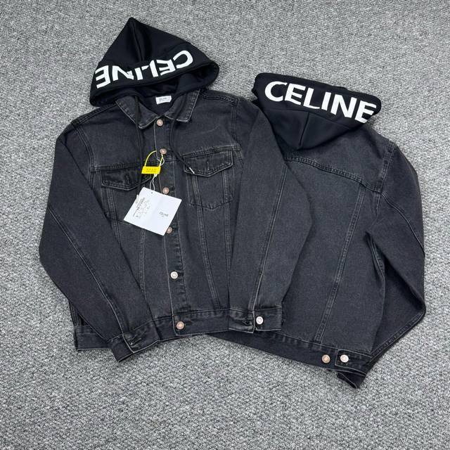 款号：H775 Celin & 塞琳 25Ss新款假两件戴帽牛仔外套 牛仔与卫衣拼接，有点学生时代的气息有木有！帽子是胶囊系列的Logo印花，不可拆卸。假两件设