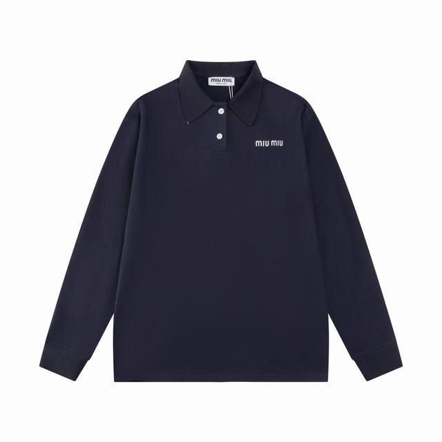 Miumiu 24Ss纯棉珠地长袖Polo 原版驻地面料，下摆侧开叉式 宽松版型男女都可螺纹针织袖口和下摆，刺绣Logo,白色扣，24早秋必备女神穿搭 蓝色 码