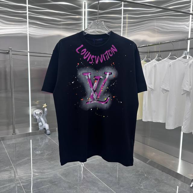 LV 2025春夏新款 个性手绘甩浆 上身超舒服 男女同款宽松版 S M L Xl Xxl 五个码 黑色 白色