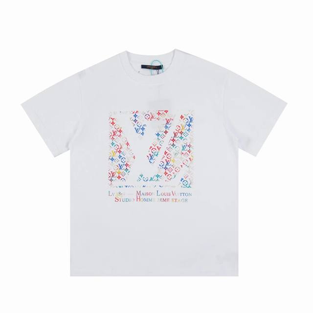 724 Louis Vuitton 路易威登 官网走秀款 胸前彩花印花圆领短袖T恤 时尚又个性 超级百搭好看的一款 男女同款 人手必备 吊牌 领标 水洗麦 三标