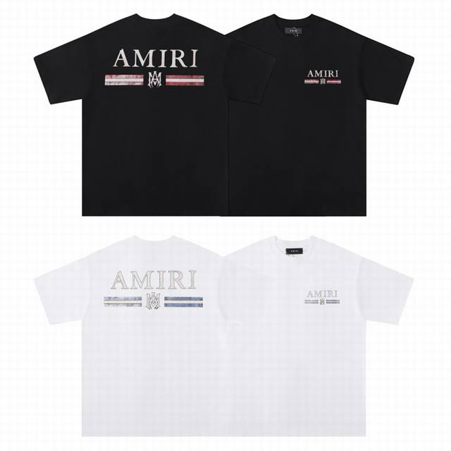 6044# 面料：260克双纱 美潮Amiri2025春夏新款标志圆领T恤高街男女同款宽松经典字母短袖 颜色：白 黑 码数： S M L Xl