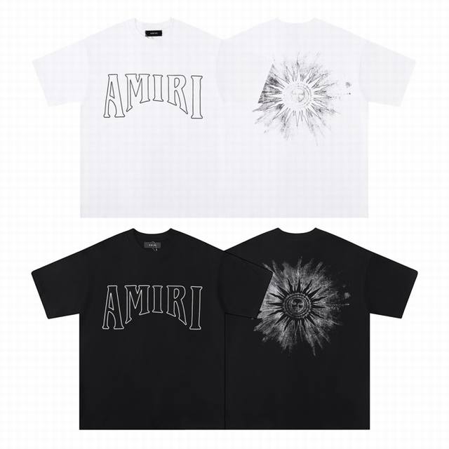 6041# 面料：260克双纱 美潮Amiri2025春夏新款标志圆领T恤高街男女同款宽松经典太阳字母短袖 颜色：白 黑 码数： S M L Xl