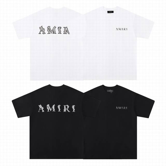 6040# 面料：260克双纱 美潮Amiri2025春夏新款标志圆领T恤高街男女同款宽松经典字母短袖 颜色：白 黑 码数： S M L Xl