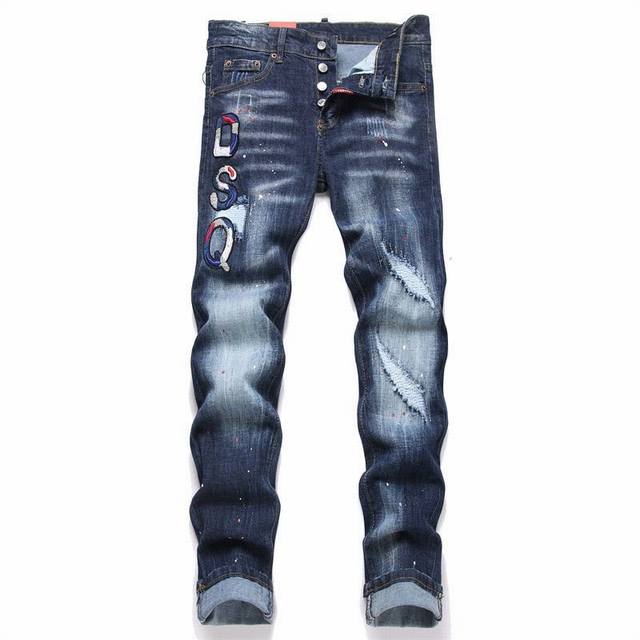 款号N412 顶级复刻版 Dsq2 & Dsquared2 二次方 24Ss 新款刺绣男士破洞潮牌牛仔裤弹力个性补丁修身小脚乞丐裤子顶级用料超柔高棉水洗牛仔面料