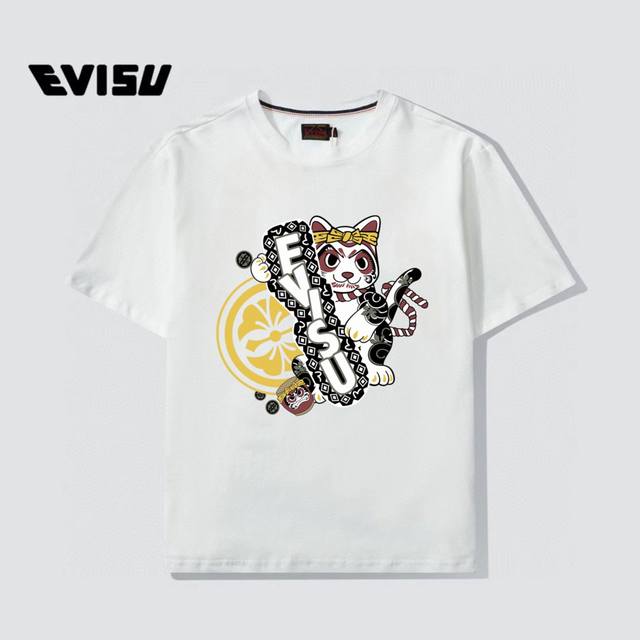 款号:E25， , Evisu 夏季新款 男士小海鸥招财猫与商标涂鸦印花短袖工艺设计恤采用是纯棉纯棉面料 颜色：黑色 白色 尺码：M-Xxl 图九有尺码表