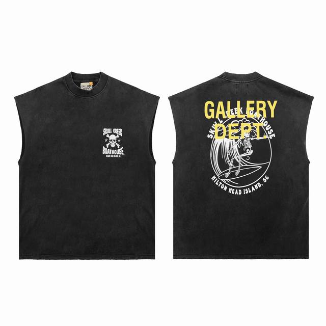 G1021 Gallery Dept.做旧磨破无袖坎肩短袖 骷髅字母印花 采用2 G双纱纯棉 面料舒适有型 经过洗水做旧以后上身更潮酷 领口下摆均有磨破 设计感