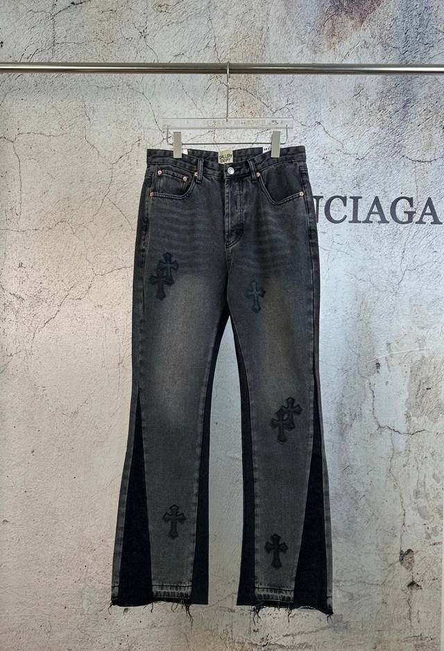 原单 款号：Gd066 上新 Gallery Dept.* 拼接Vintage十字架拼皮牛仔水洗拼接喇叭牛仔裤- 自主Gallerydept拼接Vintage十