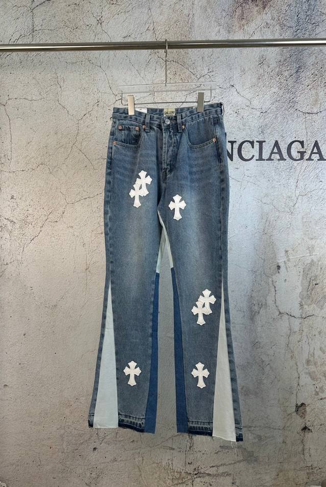 原单 款号：Gd067 上新 Gallery Dept.* 拼接Vintage十字架拼皮牛仔水洗拼接喇叭牛仔裤- 自主Gallerydept拼接Vintage十