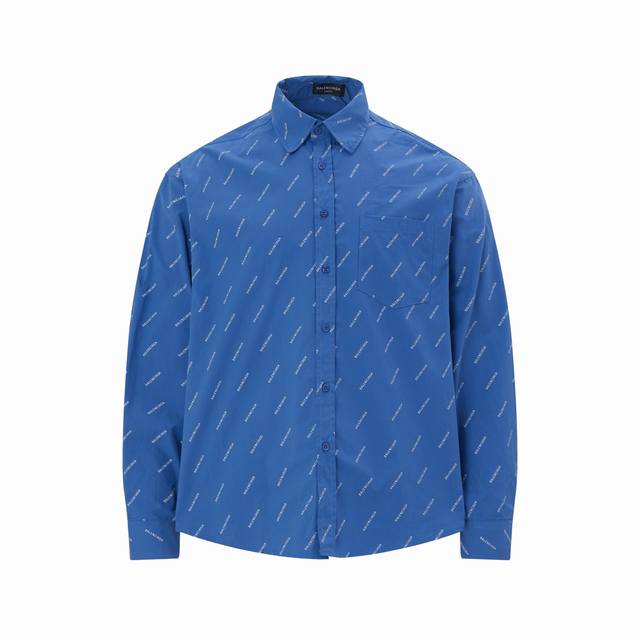 款号C01 蓝色 白色Logo 码数：S～Xl Balenciaga 巴黎世家 满印Logo单排扣休闲长袖衬衫 常规版型 白色满印Logo 堪称时尚界的图腾 密