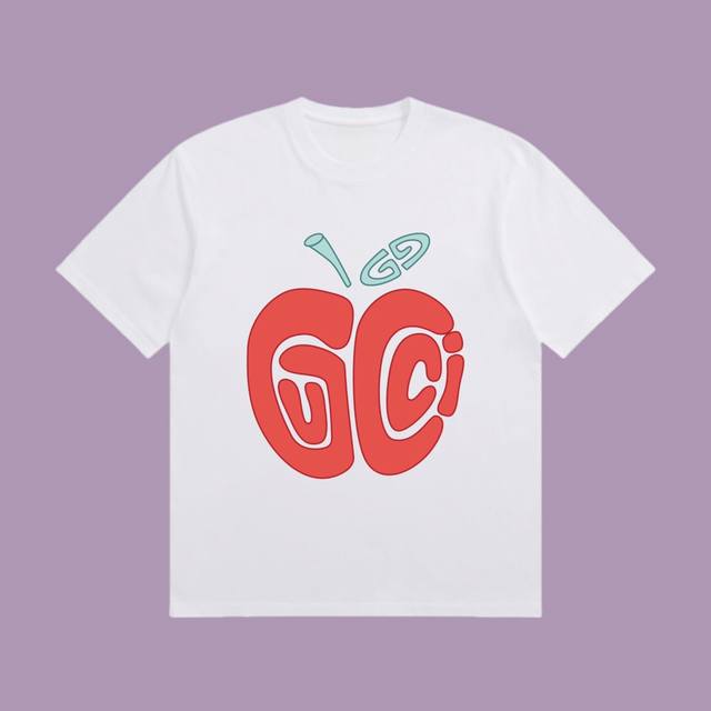 D 合作让利 高端品质 Gucci 2025Fall 春夏系列 苹果短袖T恤 区别普通印花 定织270G32支双纱纯棉面料 宽松版型 男女同款 Size：S M