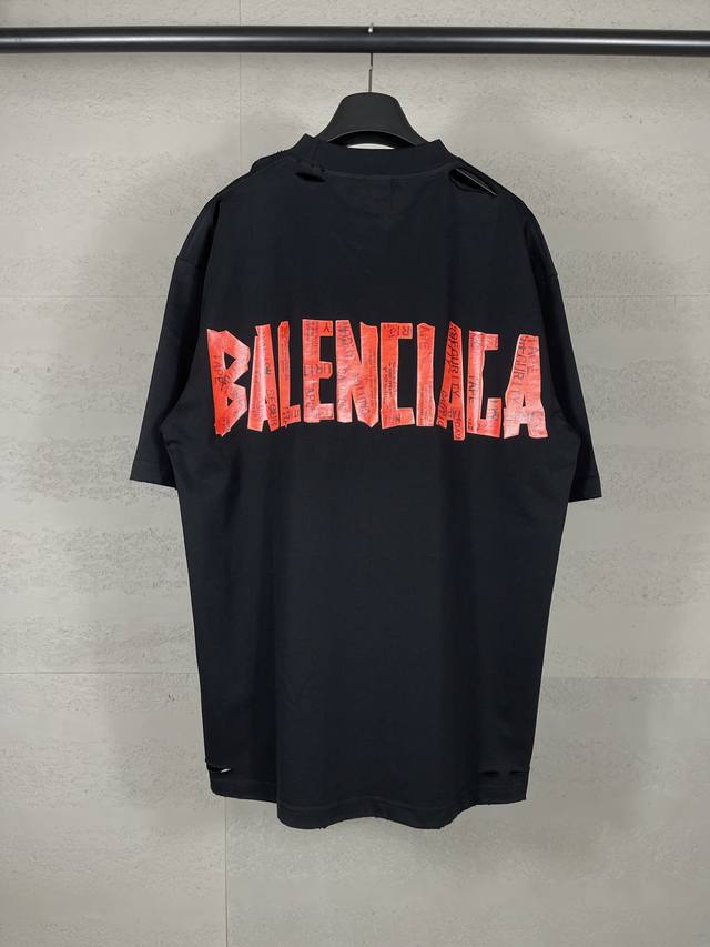细节图 顶级版本.官网品质 Balenci*Ga 巴黎.25Ss最新款.美纹纸胶带拉浆印花.成衣水洗磨烂做旧短袖T恤.砖柜同步.面料采用巴黎Zp定织定染全棉双纱