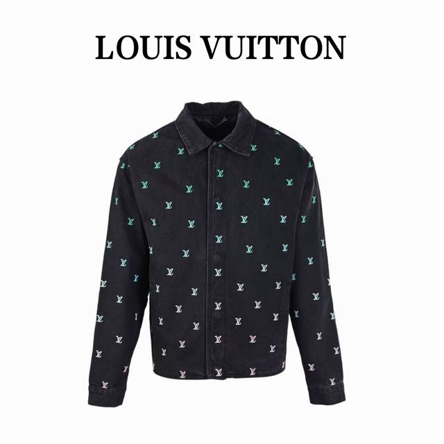 Louis Vuitton Lv 渐变全刺绣字母套装牛仔夹克外套 采用水洗黑色牛仔布制成，全身刺绣有Lv Blason 图案，采用精致的渐变处理，流行色彩从浅绿