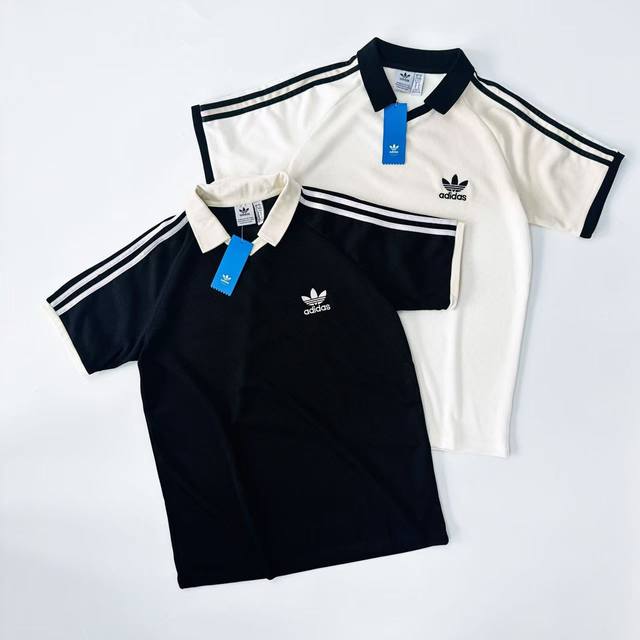 2017 白底图 Adidas阿迪达斯三叶草字母Logo刺绣经典三杠织带拼接 华夫格V领Polo短袖 Polo罗纹V领领口 万针刺绣Logo 手袖罗纹包边不嘞