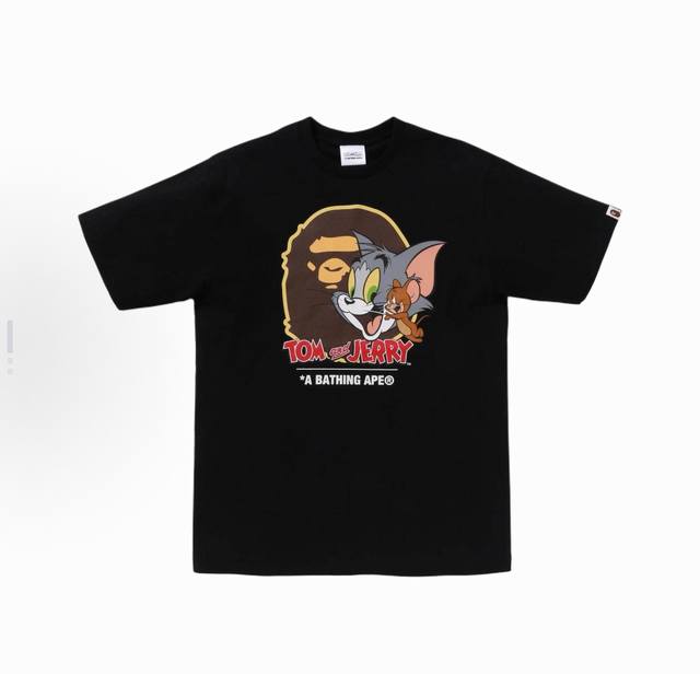 00182款Bape X 猫和老鼠 联名款 Ss25 汤姆和杰瑞印花图案圆领短袖T恤 男女同款 码数Smlxlxxl 黑色白色