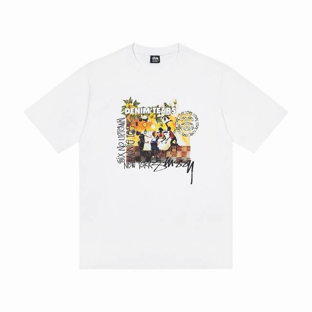 款号Hn789 高品质版本，区别通货 Stussy X Denim Tears 联名款 Ss25 胸前印花图案圆领短袖T恤 男女同款 白色 -面料精选32支23