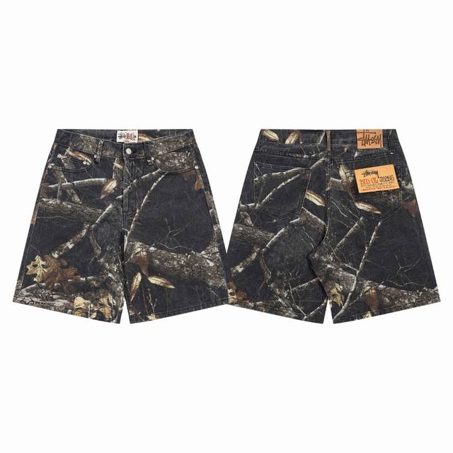 款号638# 现货发售 Stussy斯图西 假日系列 Fw23 Big Ol' Jean Realtree Edge 树枝满印宽松版型牛仔短裤 男女同款 颜色：
