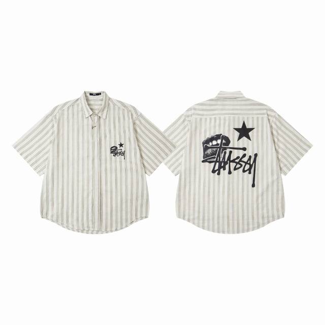 款号6960# 现货发售 Stussy 斯图西经典印花翻领短袖衬衫 25夏季新款男女同款 颜色：杏色 数码：S M L Xl