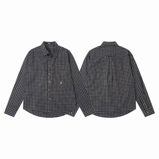 款号6959# 现货发售 Stussy 斯图西经典卷曲字母格纹翻领长袖衬衫 25夏季新款男女同款 颜色：白色 黑色 码数：S M L Xl