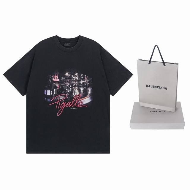 实拍图 顶级版本.官网品质 Balenci*Ga 巴黎.Ss24巴黎城市夜景印花，成品洗水做旧短袖T恤.砖柜同步.第一时间正品研制，欢印对比！面料采用巴黎Zp定