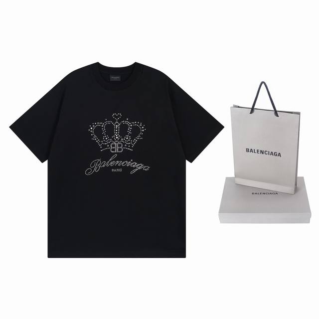 实拍图 顶级版本.官网品质 Balenci*Ga 巴黎Balenci*Ga#新款，前面皇冠经典Logo烫钻洗水做旧短袖T恤.砖柜同步 面料采用巴黎Zp定织定染全