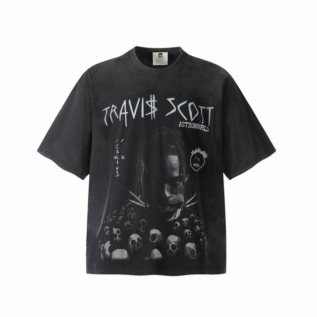 vt9167 Travis Scott斯科特联名Utopia专辑周边骷髅人像数码直喷印花复古水洗做旧短袖T恤 小领口设计 白墨数码直喷印花 高街复古重磅Vint