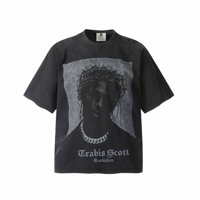vt9166 Travis Scott斯科特Big Face人像限定浮夸搞怪印花复古水洗做旧短袖T恤 小领口设计 白墨数码直喷印花 高街复古重磅做旧水洗Vint