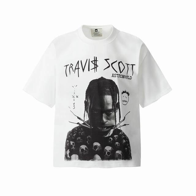 vt9159 Travis Scott斯科特联名Utopia专辑周边骷髅人像数码直喷印花复古短袖T恤 小领口设计 白墨数码直喷印花 高街复古重磅Vintage短