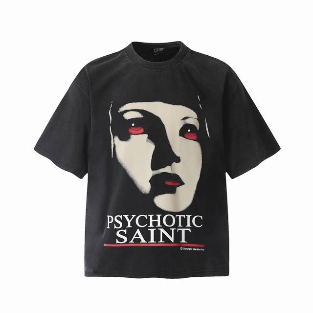 vt9147 Saint Michael 25Ss新款“Psychotic”人脸数码直喷印花复古水洗做旧短袖T恤 小领口设计 白墨数码直喷印花 高街复古重磅做旧