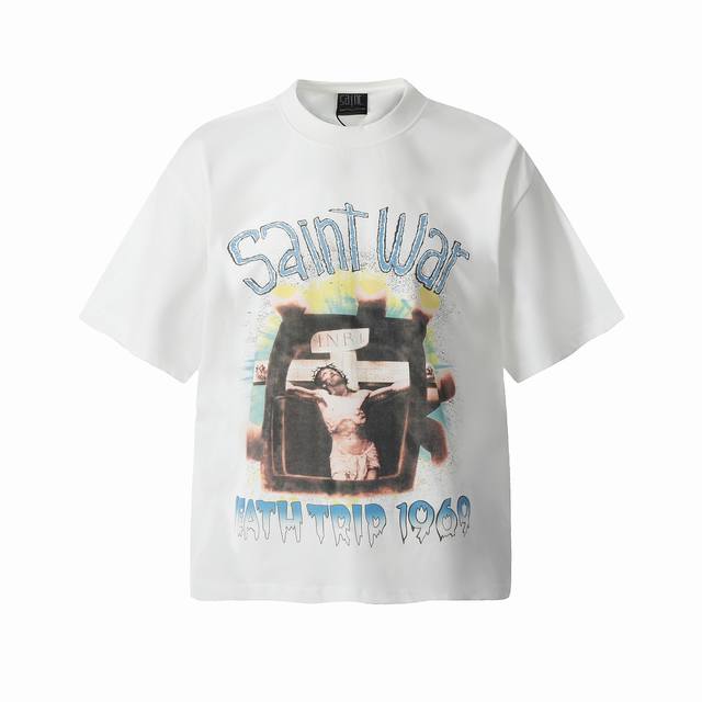 vt9134 Saint Michael十字架Saint War数码直喷印花复古水洗做旧短袖T恤 小领口设计 数码直喷印花 高街复古重磅Vintage短袖 尺码