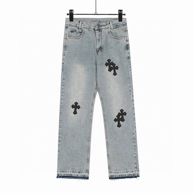 8052 Chrome Hearts Ch 克罗心经典蓝裤黑十字贴皮牛仔裤 原版购入打版 真实还原Vintage极致质感 意产特种牛皮印花再切割 订制羊皮三层粗