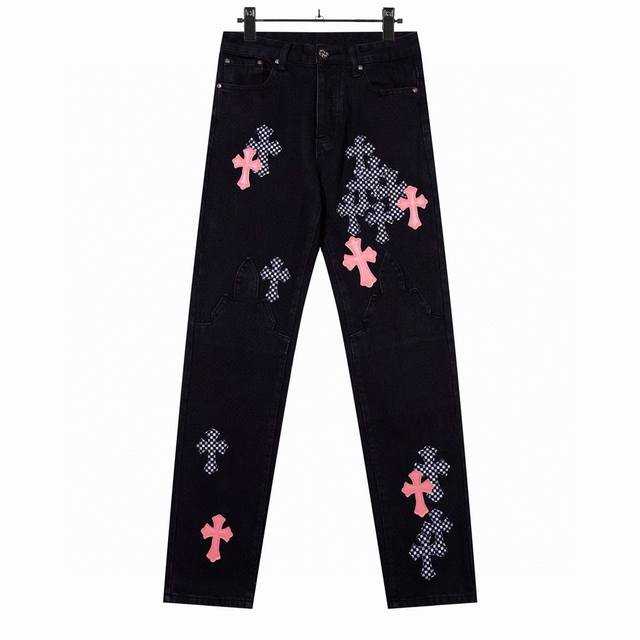 8037 Chrome Hearts 克罗心高端克罗限定火焰粉十字拼格直筒拼皮牛仔裤 真实还原Vintage极致质感 意产特种牛皮印花再切割 订制羊皮三层粗线帖