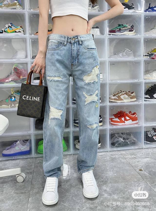 8014 Drew House Justin Drew比伯同款笑脸高街破洞水洗泼墨牛仔裤 Drew黑色.水洗蓝笑脸破洞泼墨高阶风牛仔裤 复古黑牛仔上加了些黄色喷