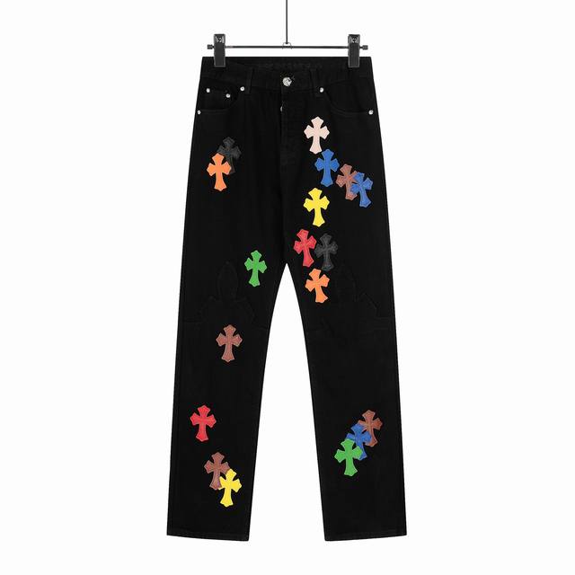 8158 Chrome Hearts 克罗心高端克罗限定火焰彩皮十字拼皮直筒拼皮牛仔裤 真实还原Vintage极致质感 意产特种牛皮印花再切割 订制羊皮三层粗线