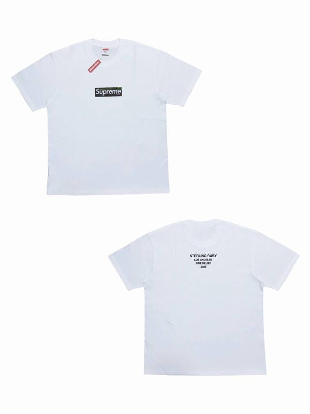 su138# Supreme Ss25 洛杉矶山火救援Box Logo短袖T恤 男女同款 采用圆筒无缝工艺 原版工艺 衣服侧面没有缝合骨位 鉴定重点 面料：全都