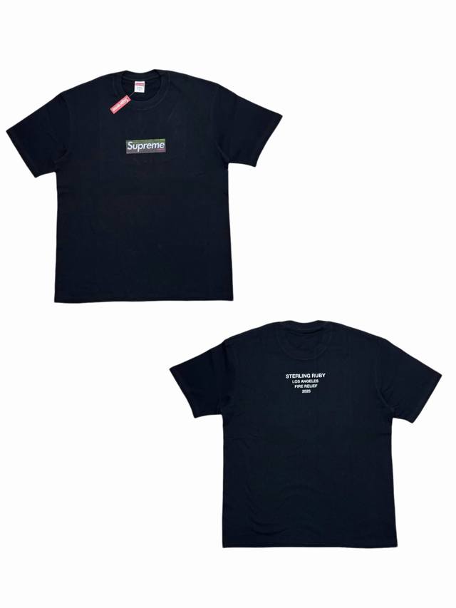 su137# Supreme Ss25 洛杉矶山火救援Box Logo短袖T恤 男女同款 采用圆筒无缝工艺 原版工艺 衣服侧面没有缝合骨位 鉴定重点 面料：全都