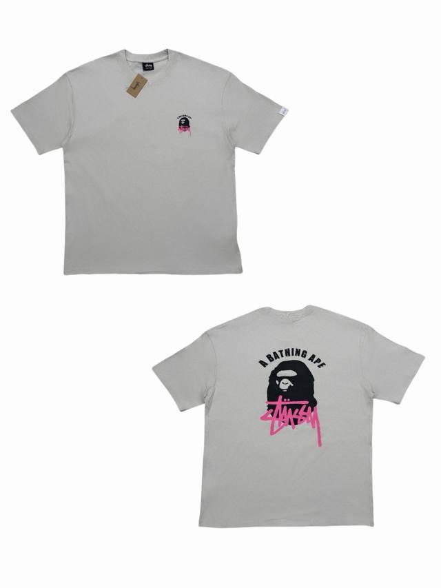 s291# Stussy X Bape 猿人头联名短袖T恤 颜色 ：浅灰色 尺码：肩宽 胸围 衣长 推荐身高